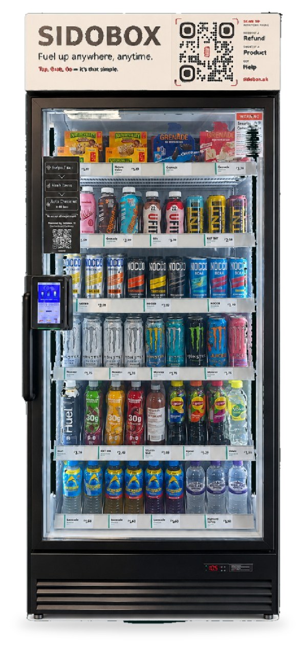 A Sidobox smart fridge — glass-door cabinet stocked with drinks, bars and protein shakes, a printed price tag under every shelf and a contactless terminal on the door
