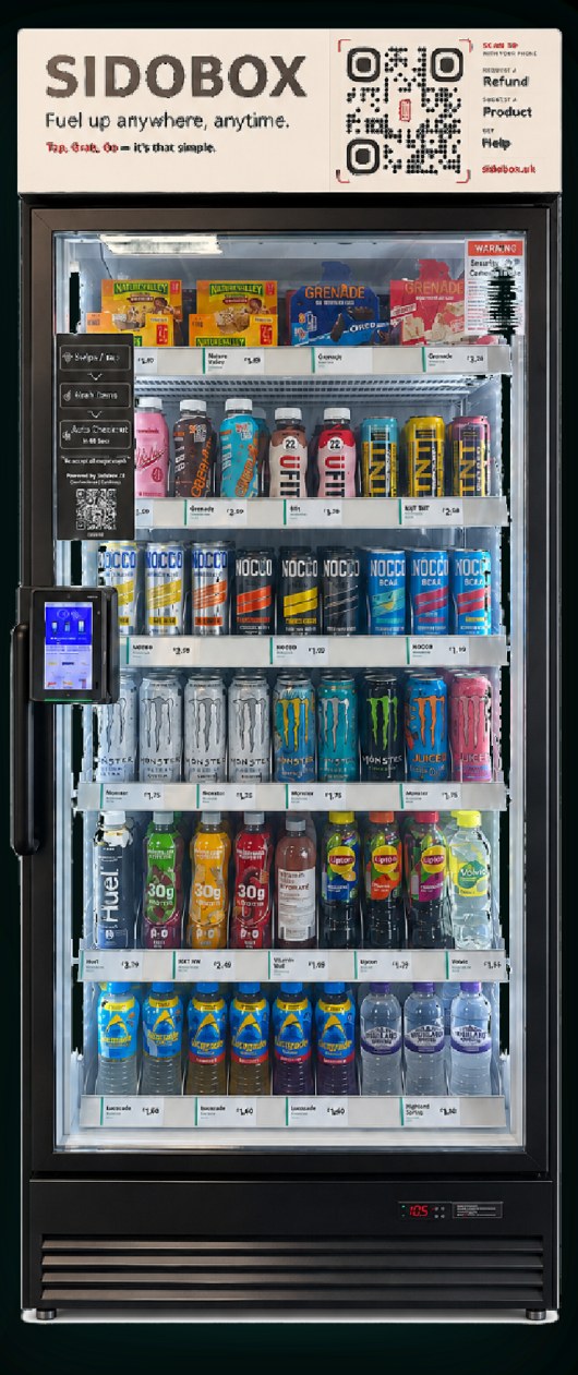 The Sidobox smart fridge at Clifton — glass-door cabinet stocked with drinks and snacks, price tags on every shelf, contactless terminal on the door and a QR header for refunds and requests