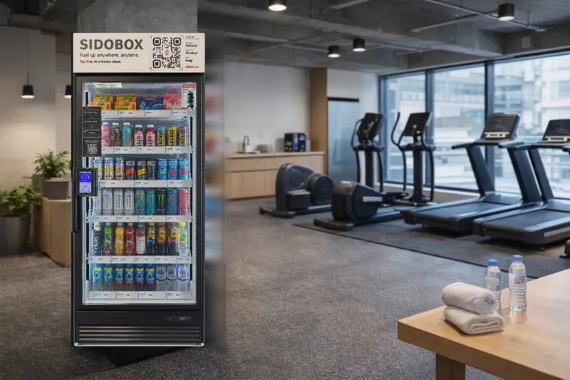Our Sidobox fridge shown by the equipment floor of a gym